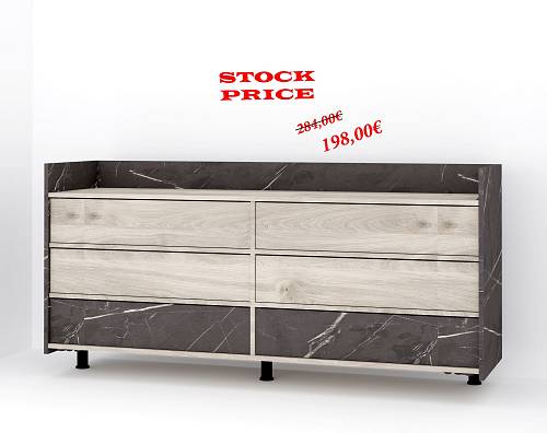 Stock Συρταριέρα Dawn 6 συρτάρια - Black Pietra Marble/ Greige castello oak (150x40x75)
