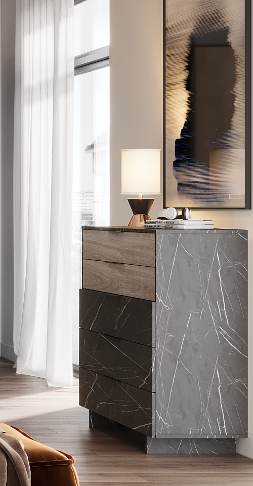 Συρταριέρα με 5 συρτάρια Rain -  Black Pietra Marble/Greige Castello Oak (90x40x100)