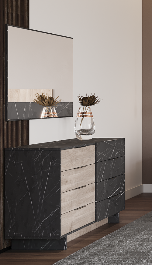 Συρταριέρα με 8 συρτάρια Rain - Black Pietra Marble/Greige Castello Oak (138x40x75)