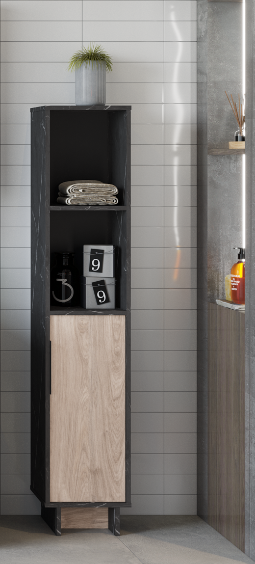 Στήλη μπάνιου με ένα ντουλάπι και 2 ράφια Rain - Black Pietra Marble/Greige Castello Oak (30x25x150)