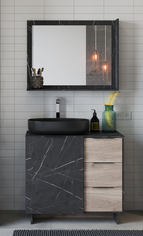 Έπιπλο νιπτήρα μπάνιου Rain - Black Pietra Marble/Greige Castello Oak (90x20x70)