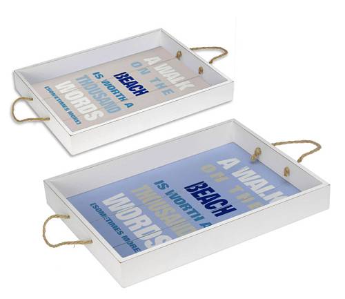 Ξύλινος Δίσκος με Σχοινί & Summer Print σε Λευκό & Μπλε σετ/2  PK147
