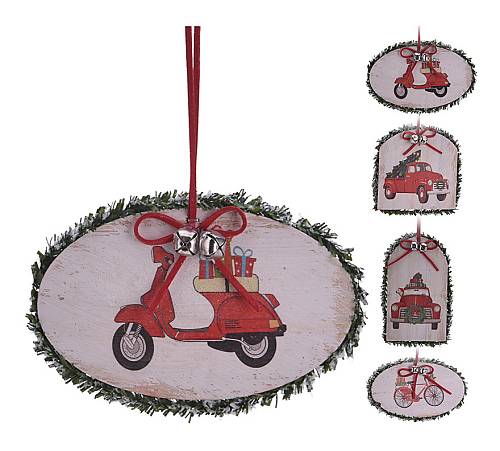 Ξύλινα στολίδια με καμπανάκια και πράσινη τρέσα,4 σχ.,13cm XM685