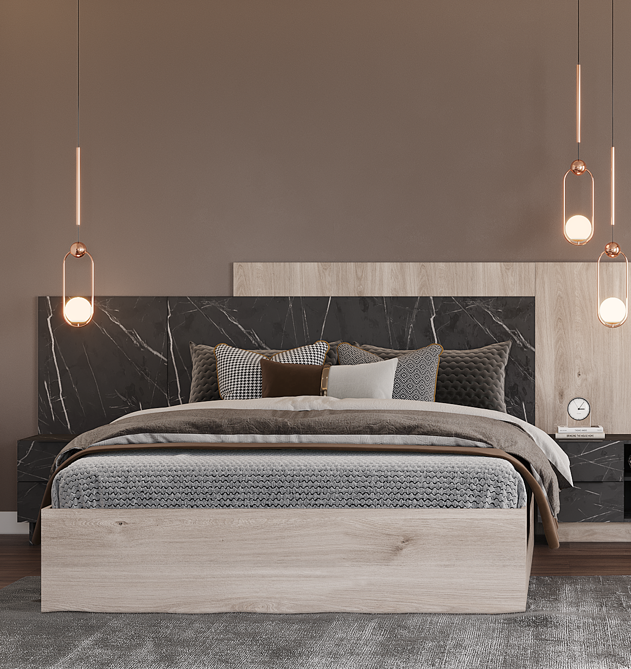 Κρεβάτι διπλό Rain - Greige Castello Oak/Black Pietra Marble (279x205x120)