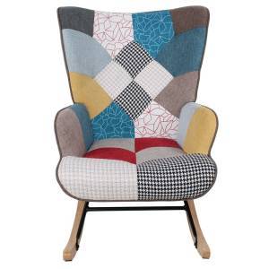ALMA Rocking Πολυθρόνα Μπερζέρα Καθιστικού, Ύφασμα Patchwork, Βάση Μαύρο-Φυσικό Ε-00024502 Ε7143,4