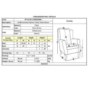 ALMA Πολυθρόνα - Μπερζέρα Σαλονιού - Καθιστικού Φυσικό Ύφασμα Καφέ Velure, K/D Ε-00022488 Ε7141,80