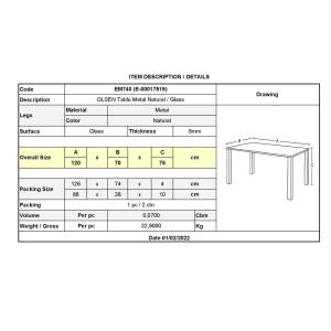 OLSEN Τραπέζι Τραπεζαρίας Κουζίνας - Μέταλλο Βαφή Φυσικό - Γυαλί Clear Ε-00017519 ΕΜ740