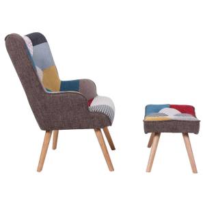 MARON Set: Πολυθρόνα Μπερζέρα + Σκαμπώ Υποπόδιο, Ξύλο Φυσικό, Ύφασμα Patchwork Ε-00020407 ΕΜ143,4S